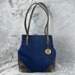Nine West Denim Handbag‎ Tooled Faux Leather Corners & Straps Y2K Western Boho